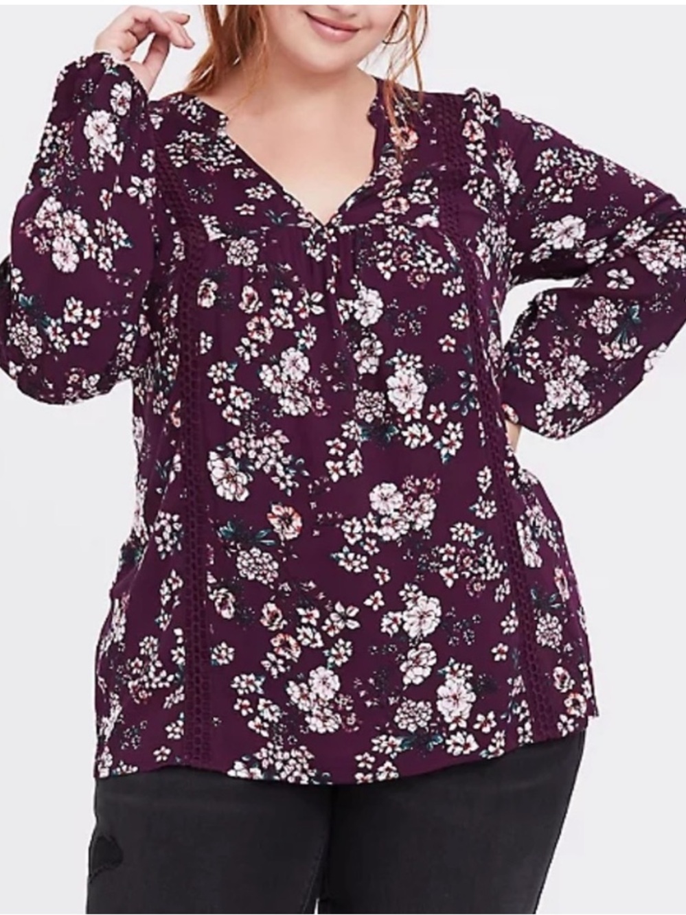 Torrid 3X Purple Floral Challis Tunic Long Sleeve Blouse